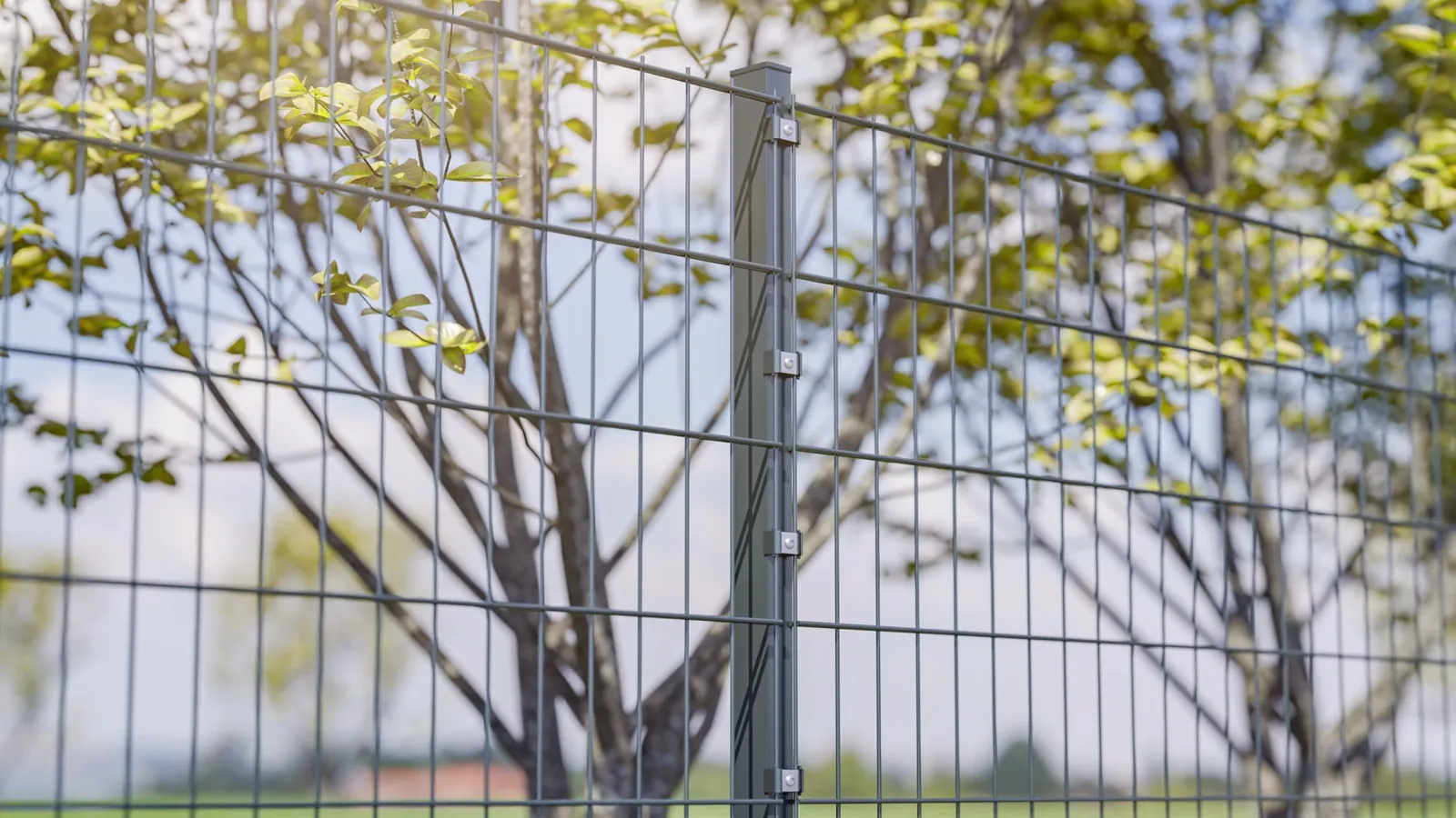 Doppelstabmattenzaun vor Bäumen als 3D Visualisierung