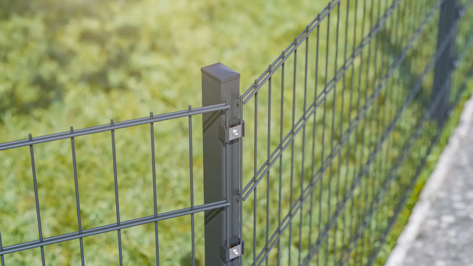 Doppelstabmattenzaun mit Pfosten im Garten als 3D Visualisierung