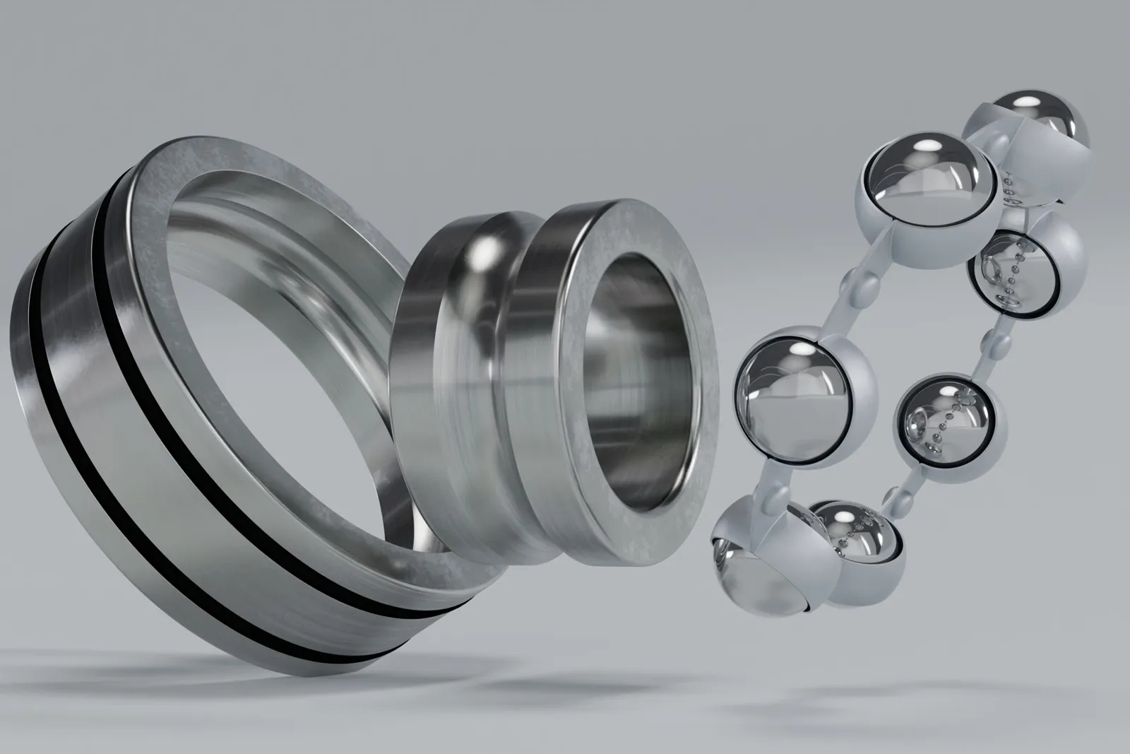 Kugellager mit schwebenden Einzelteilen als 3D Rendering