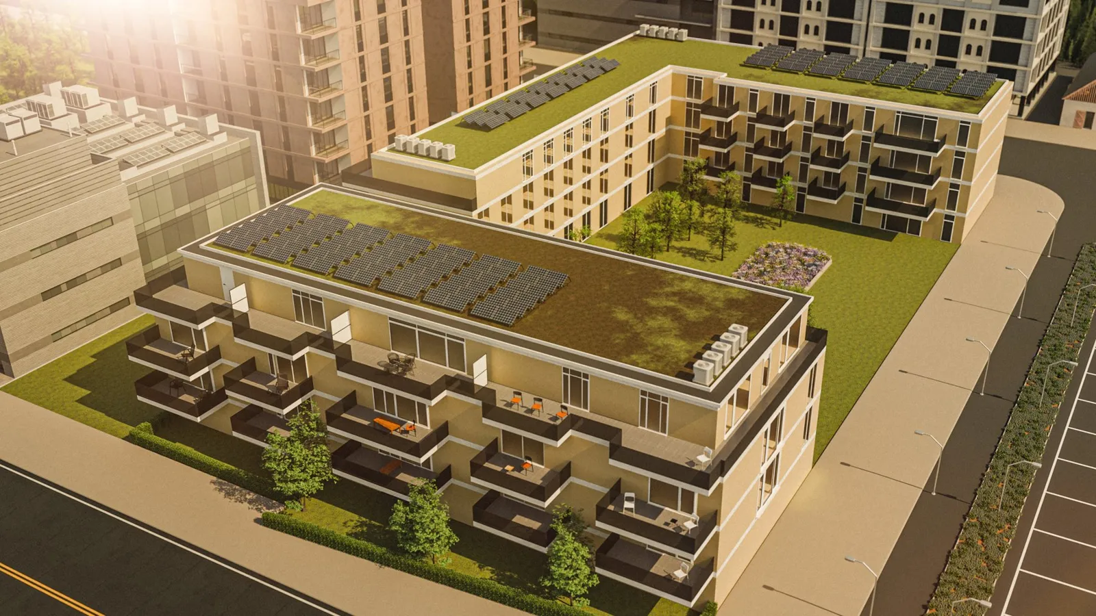 Wohnanlage mit Gründach und Solarmodulen als 3D Visualisierung
