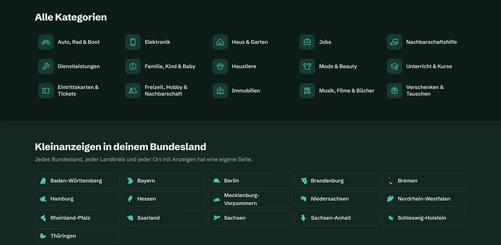 Kategorieauswahl und Bundesländer auf anzeigenhero.de