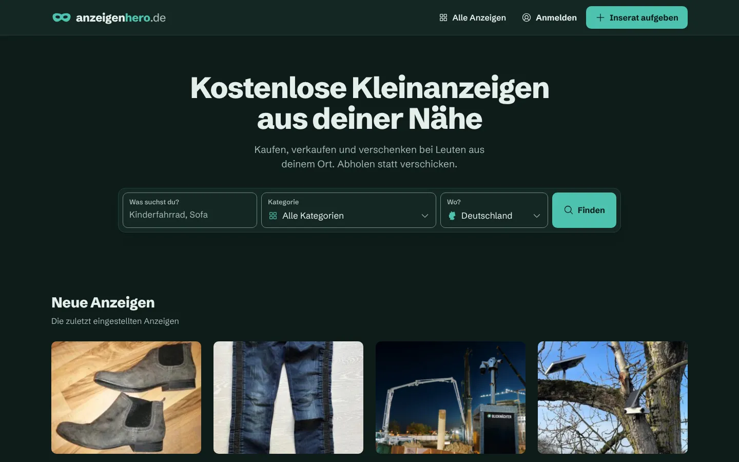 Startseite von anzeigenhero.de mit Suche nach Begriff, Kategorie und Ort